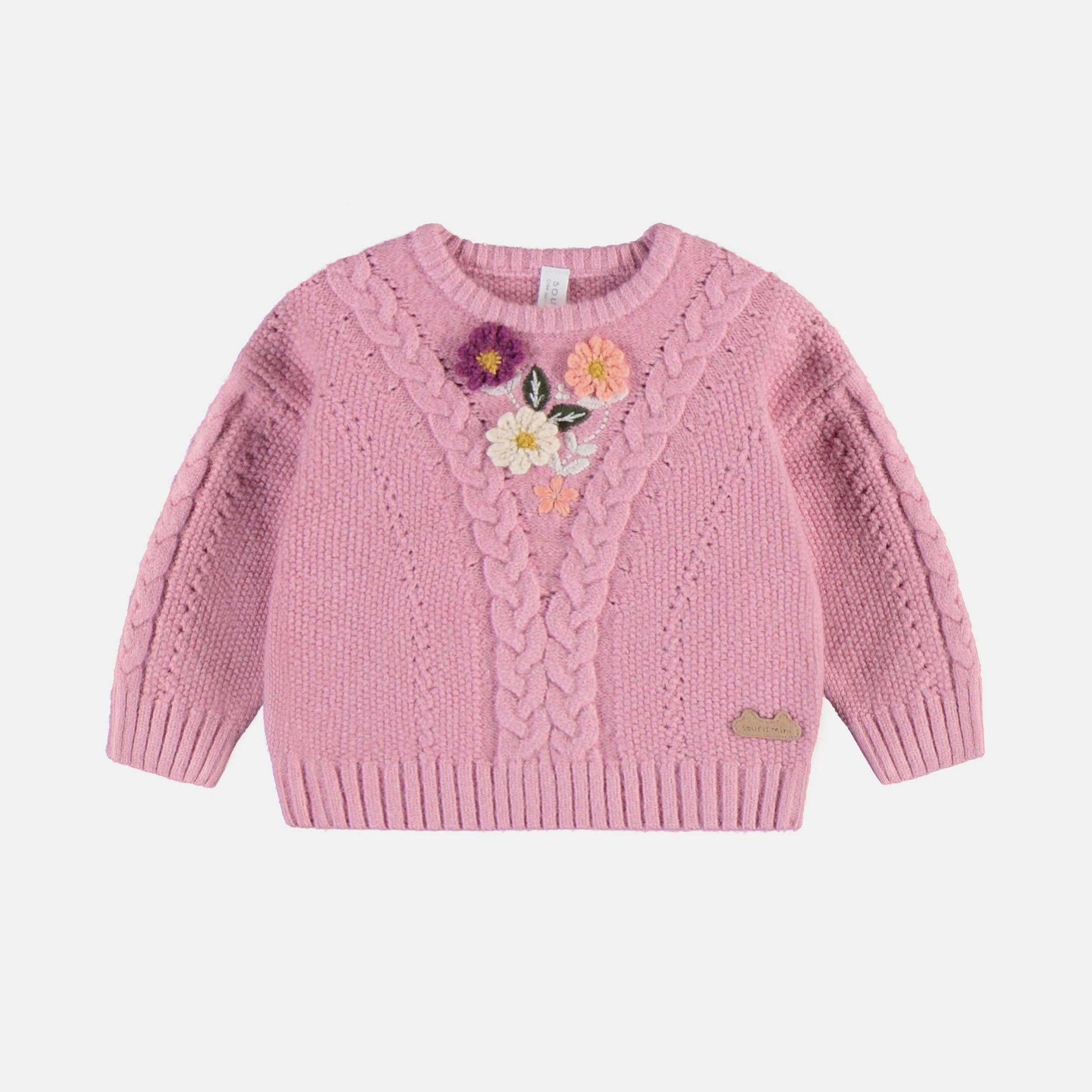 Chandail de maille rose avec broderies naissance || Pink knitted sweater with embroidery, newborn