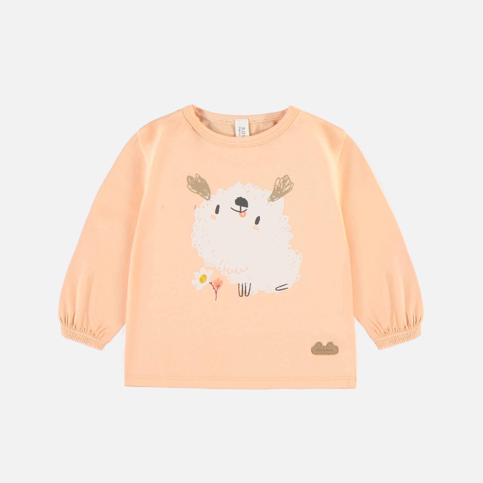 T-shirt manches longues pêche avec illustration en jersey, naissance || Peach long-sleeved t-shirt with illustration in jersey, newborn